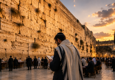 Person praying at the Western Wall (Kotel) as evening light illuminates the ancient stones.
