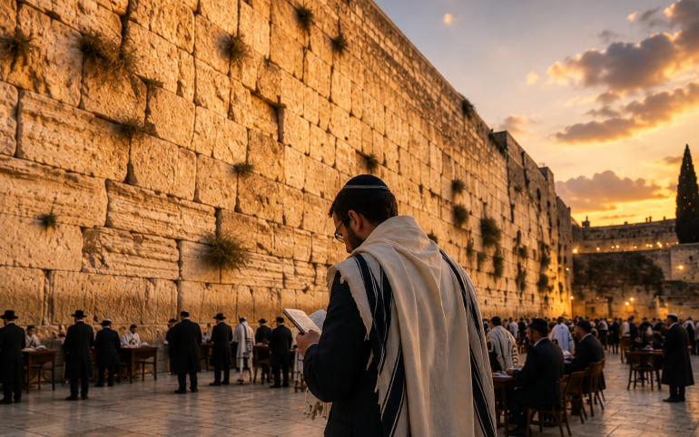 Person praying at the Western Wall (Kotel) as evening light illuminates the ancient stones.