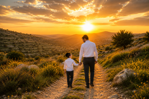 A Jewish father and son walk hand in hand toward a golden sunset as Shabbat approaches, symbolizing Hashem's loving relationship with His children.