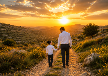 A Jewish father and son walk hand in hand toward a golden sunset as Shabbat approaches, symbolizing Hashem's loving relationship with His children.