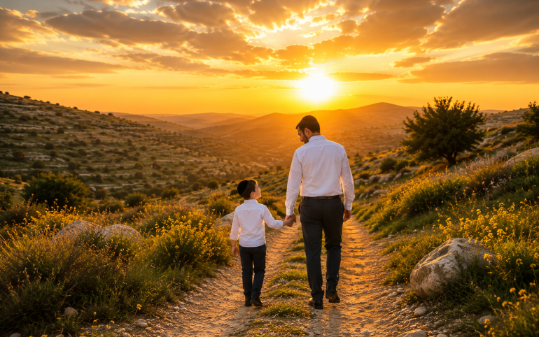 A Jewish father and son walk hand in hand toward a golden sunset as Shabbat approaches, symbolizing Hashem's loving relationship with His children.