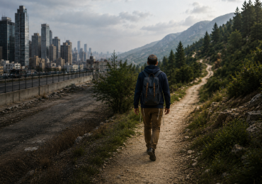 A person walking away from worldly distractions toward a peaceful mountain path, representing protecting oneself from negative influences.