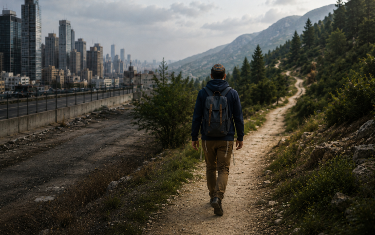 A person walking away from worldly distractions toward a peaceful mountain path, representing protecting oneself from negative influences.