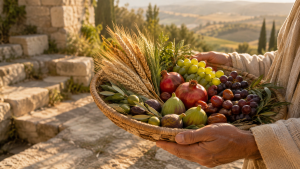 Hands holding a woven basket filled with wheat, grapes, figs, dates, olives, and pomegranates.