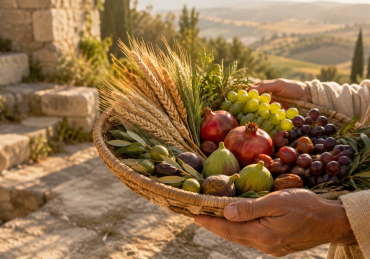 Hands holding a woven basket filled with wheat, grapes, figs, dates, olives, and pomegranates.