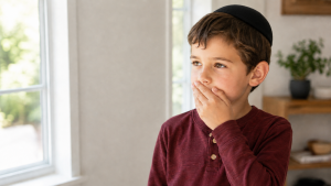 A young Jewish boy wearing a kippah thoughtfully covers his mouth with one hand.