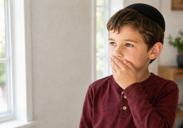 A young Jewish boy wearing a kippah thoughtfully covers his mouth with one hand.