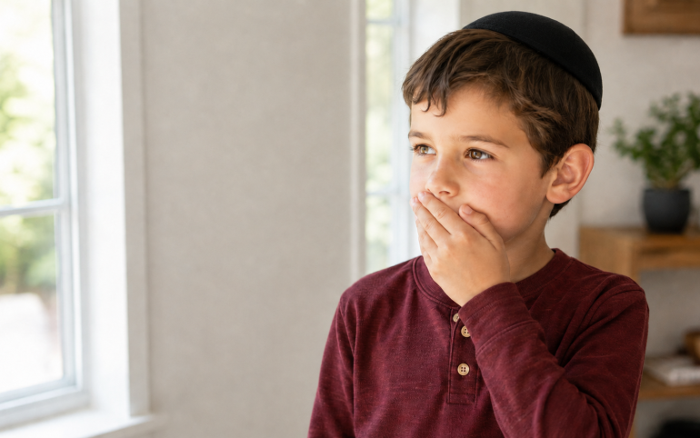 A young Jewish boy wearing a kippah thoughtfully covers his mouth with one hand.