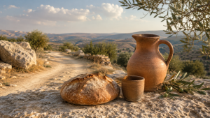 Bread and a clay water vessel beside a desert path, symbolizing hospitality and gratitude.