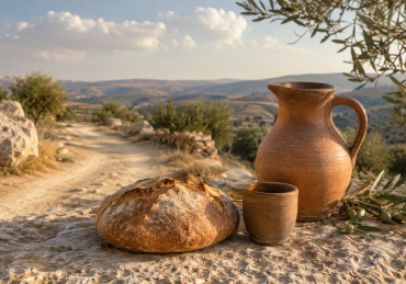 Bread and a clay water vessel beside a desert path, symbolizing hospitality and gratitude.