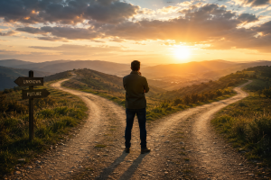 A traveler choosing between two paths, symbolizing free will and God's control over the outcome