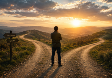 A traveler choosing between two paths, symbolizing free will and God's control over the outcome