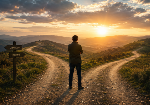 A traveler choosing between two paths, symbolizing free will and God's control over the outcome