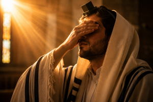 A Jewish man covering his eyes while reciting Shema Yisrael, symbolizing faith in Hashem and His protection.
