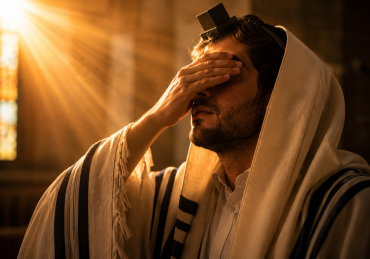 A Jewish man covering his eyes while reciting Shema Yisrael, symbolizing faith in Hashem and His protection.