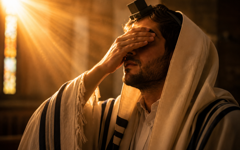 A Jewish man covering his eyes while reciting Shema Yisrael, symbolizing faith in Hashem and His protection.