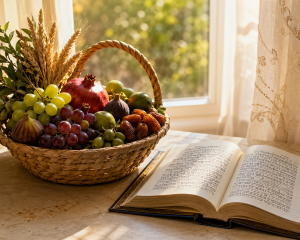 A woven basket of first fruits beside an open Siddur in the morning light.