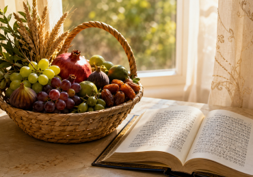 A woven basket of first fruits beside an open Siddur in the morning light.