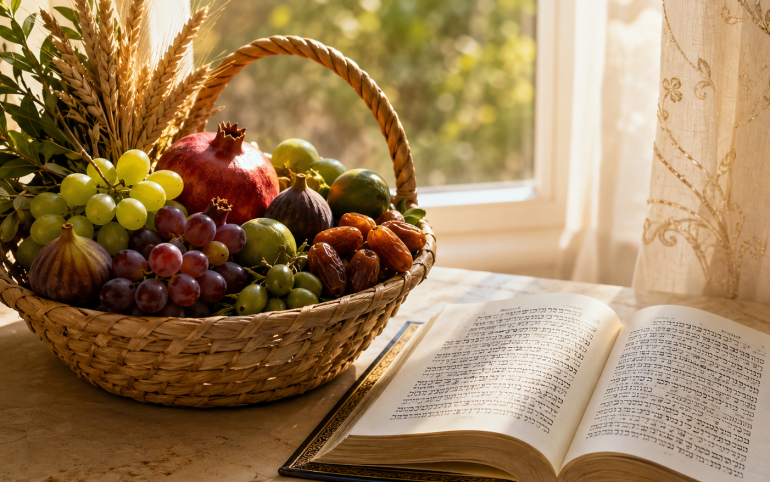 A woven basket of first fruits beside an open Siddur in the morning light.