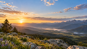 Sunrise illuminating a mountain valley beneath a vast blue sky.