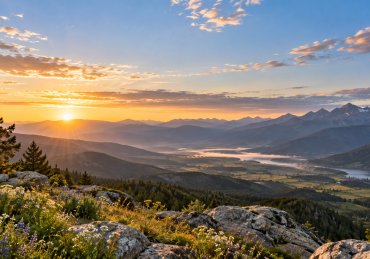 Sunrise illuminating a mountain valley beneath a vast blue sky.