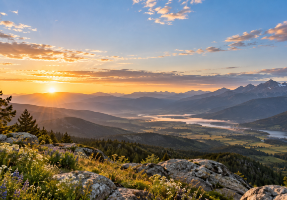 Sunrise illuminating a mountain valley beneath a vast blue sky.