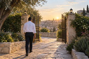 A Jewish man walking along a stone path toward an open gate at sunrise.