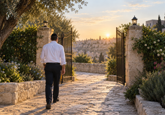 A Jewish man walking along a stone path toward an open gate at sunrise.