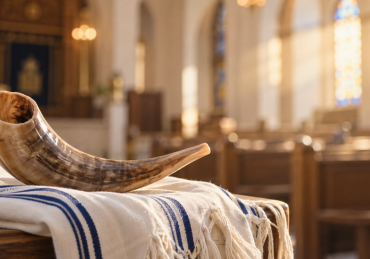 A traditional shofar resting on a folded white-and-blue prayer shawl in a sunlit synagogue.