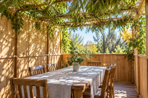 A simple wooden table beneath the leafy schach of a peaceful sukkah.