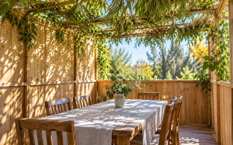 A simple wooden table beneath the leafy schach of a peaceful sukkah.