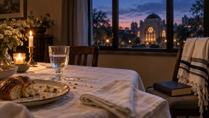 A pre-Yom Kippur table at twilight with a water glass, challah, folded tallit, and closed prayer book.