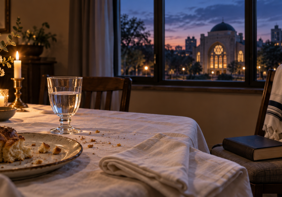 A pre-Yom Kippur table at twilight with a water glass, challah, folded tallit, and closed prayer book.