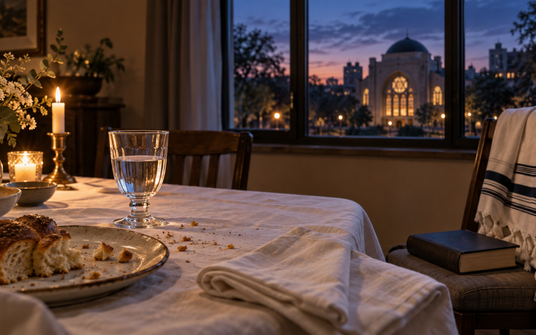 A pre-Yom Kippur table at twilight with a water glass, challah, folded tallit, and closed prayer book.