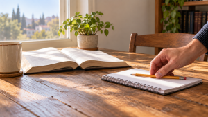 A hand places a pencil beside an open Jewish study book on a sunlit wooden table.