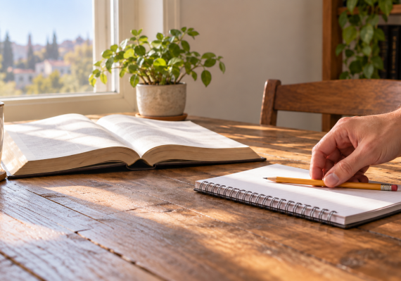A hand places a pencil beside an open Jewish study book on a sunlit wooden table.
