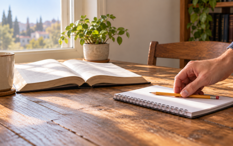 A hand places a pencil beside an open Jewish study book on a sunlit wooden table.