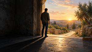 A person standing between a dark interior and a sunlit path at dawn.