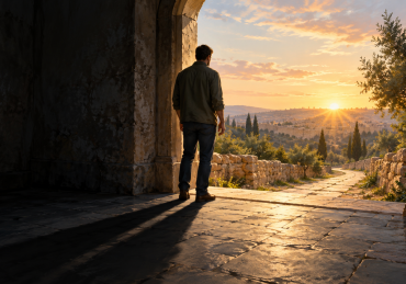 A person standing between a dark interior and a sunlit path at dawn.