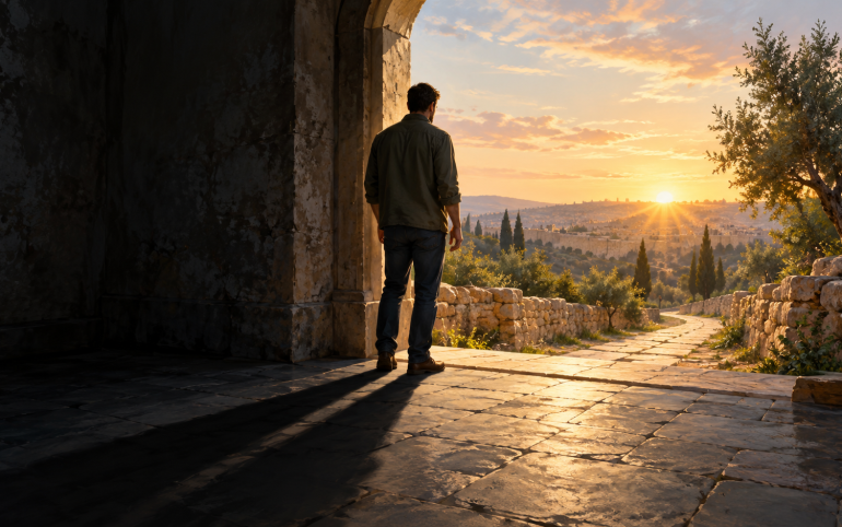 A person standing between a dark interior and a sunlit path at dawn.